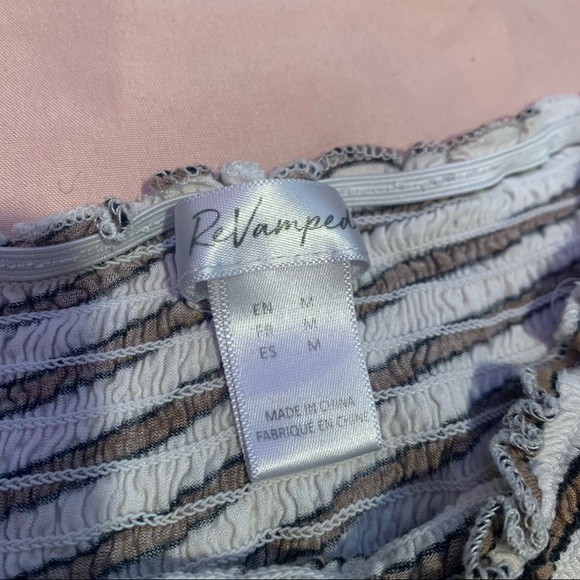 Ruched Lettuce Trim White/Tan Striped Top - Picture 2 of 2